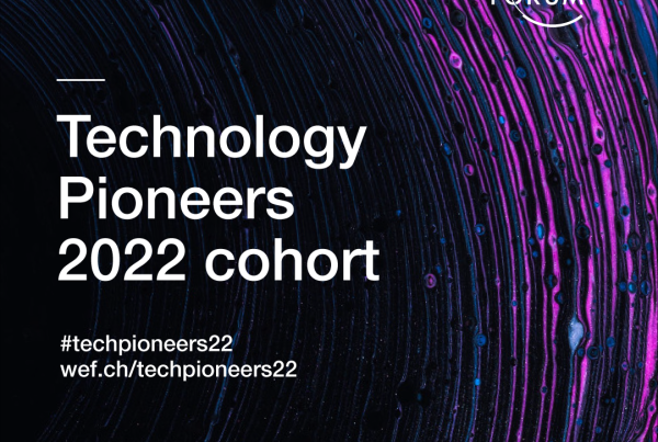 Purple background with text "Technology pioneers cohort" accompanied by the WEF logo.