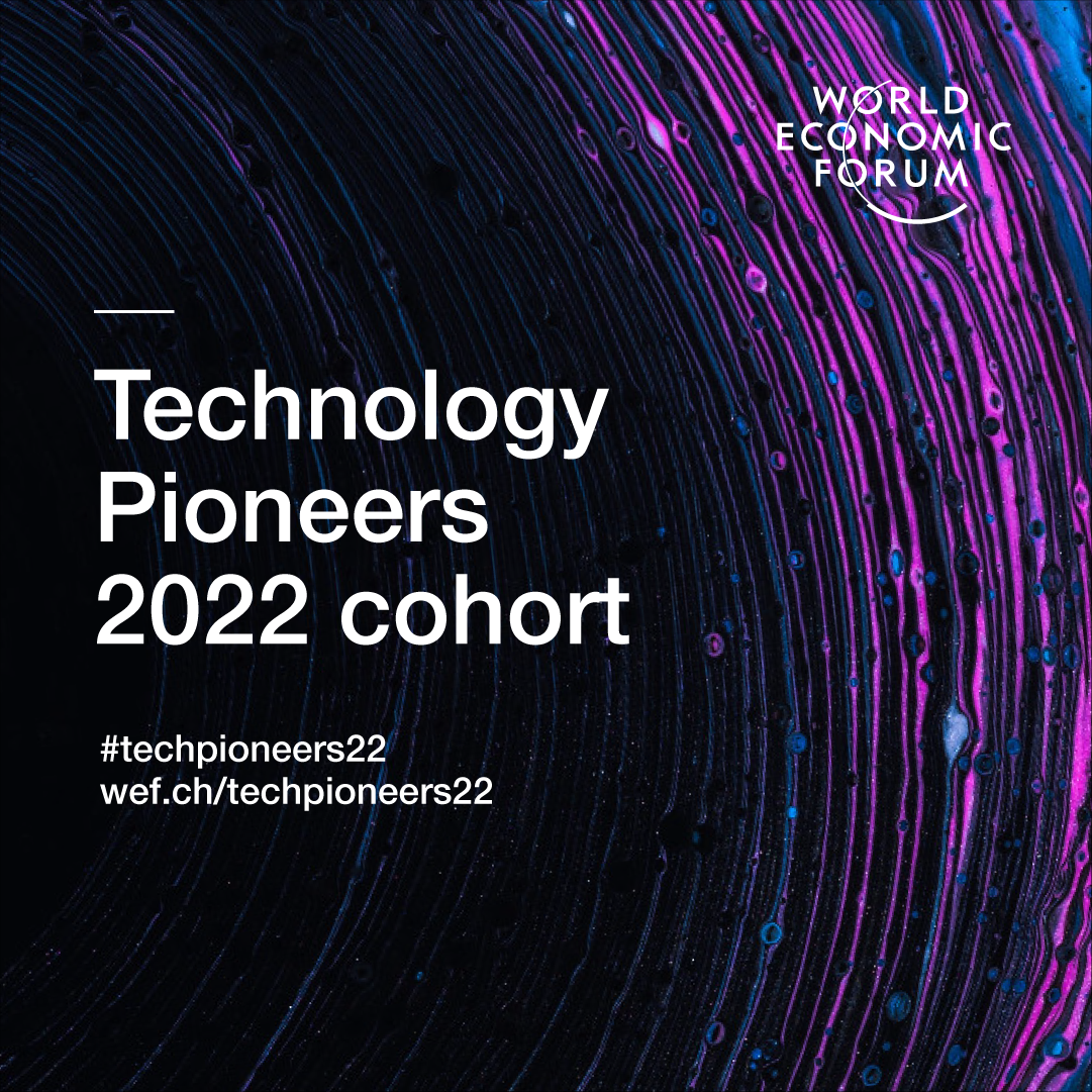 Purple background with text "Technology pioneers cohort" accompanied by the WEF logo.