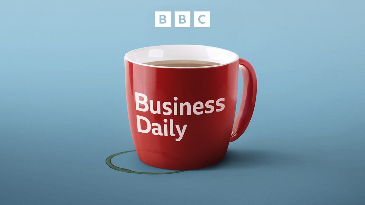 Blue background with a red coffee mug. On the mug is written BBC Business Daily. the BBC logo is on the top of the image.