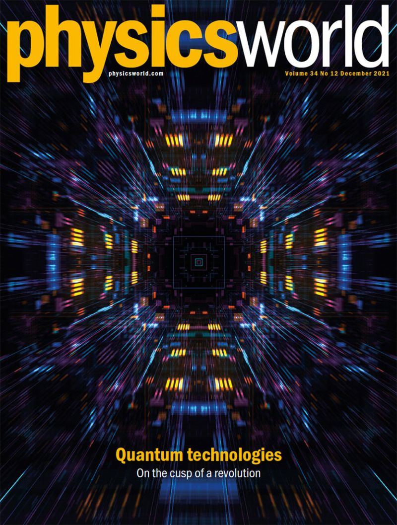 Physics World magazine cover of a futuristic chip on a dark background