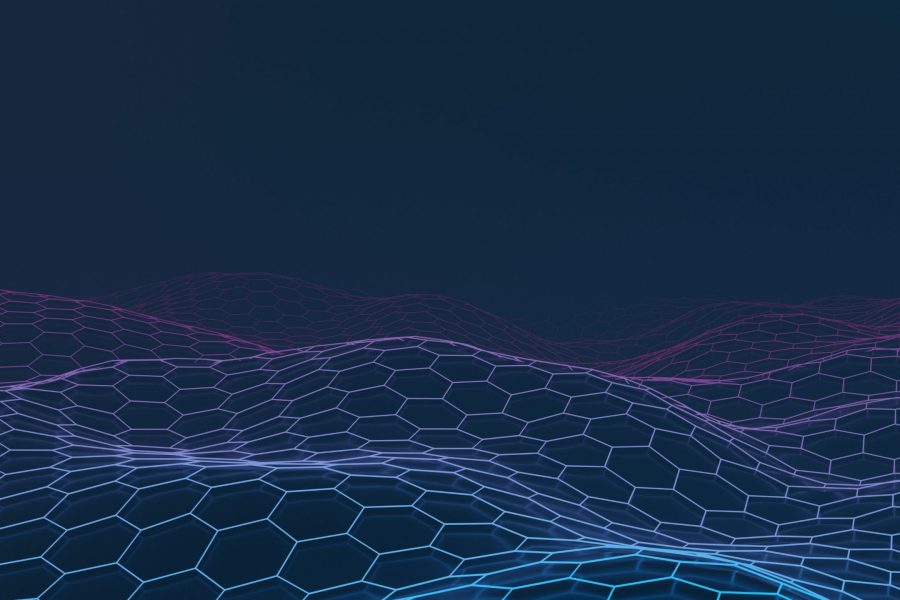 Geometric waves in light blue and purple on a dark blue background