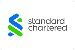 Standard Chartered logo on white background with blue and green shapes.