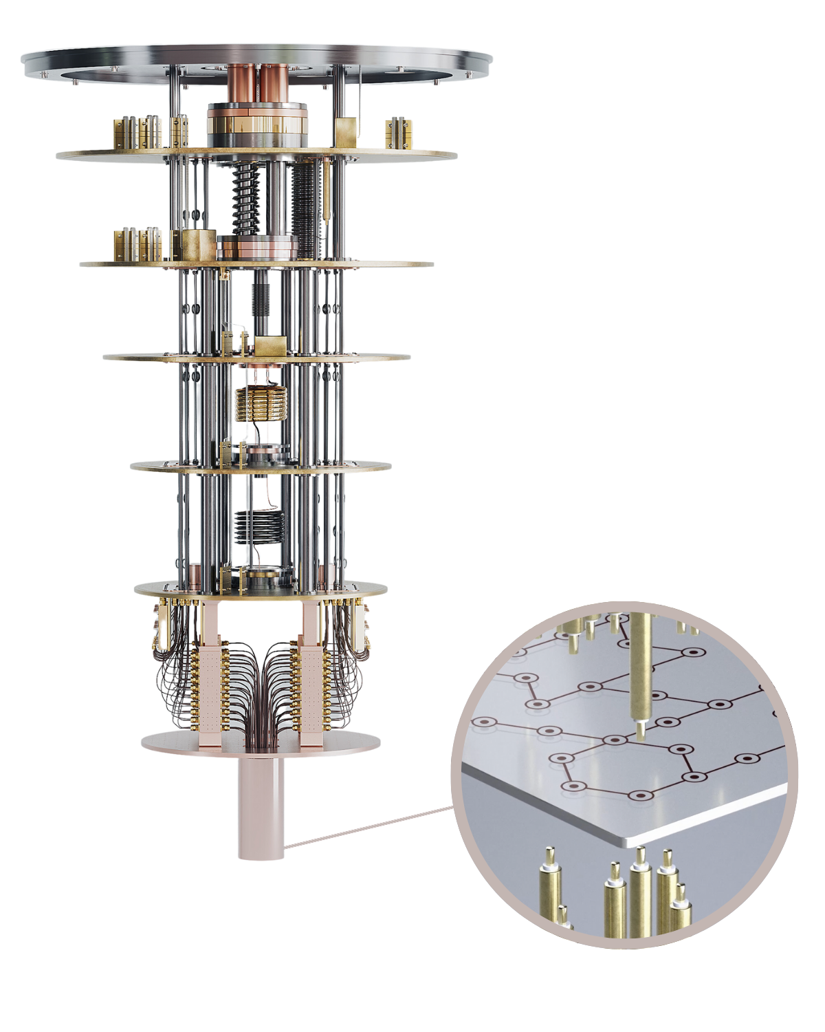 A render of a quantum computer with a pull out showing the 3d nature of the coaxmon chip.