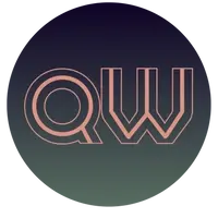 Circular black icon with letters QW in pink (Quantum Woman)