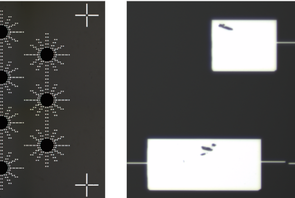 Left: Josephson junctions fabricated in radial pattern around where it was going to be micro-machined later. Right: JJs located