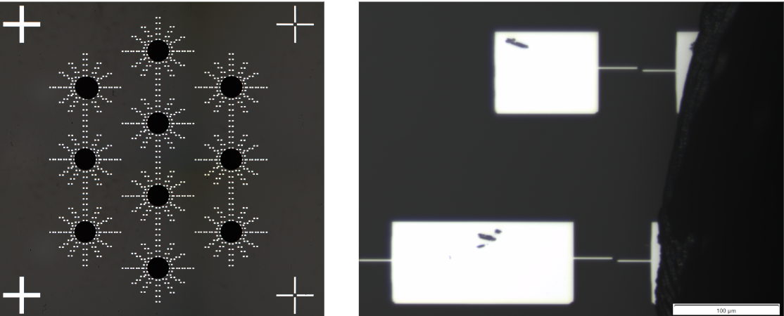 Left: Josephson junctions fabricated in radial pattern around where it was going to be micro-machined later. Right: JJs located