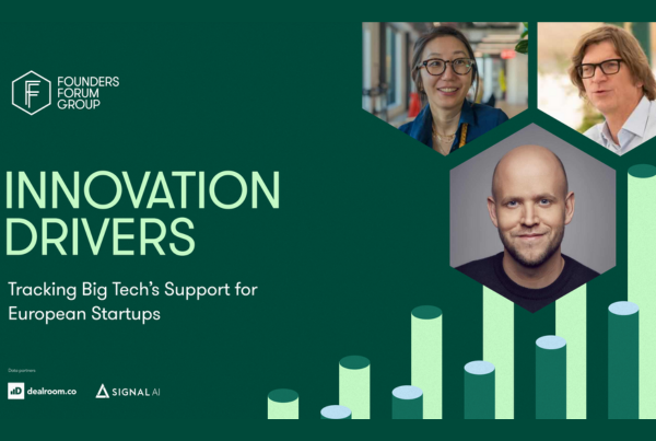 Green background with geometric shapes. In writing: Innovation Drivers Big Tech support for european start ups.